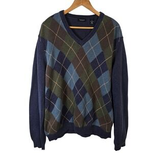Van Heusen Mens XL‎ Argyle V Neck Sweater 100% Cotton Navy Blue Green Brown